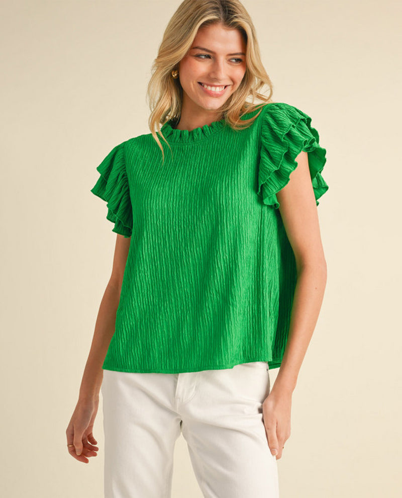 Textured Top with Frill Neck and Layered Trim