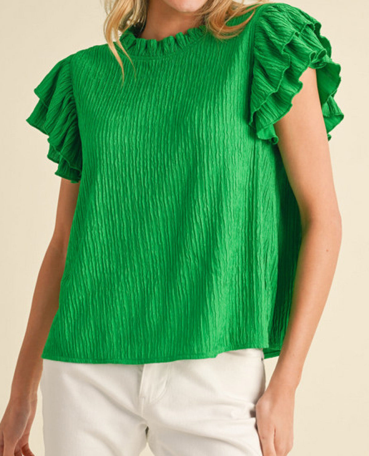 Textured Top with Frill Neck and Layered Trim