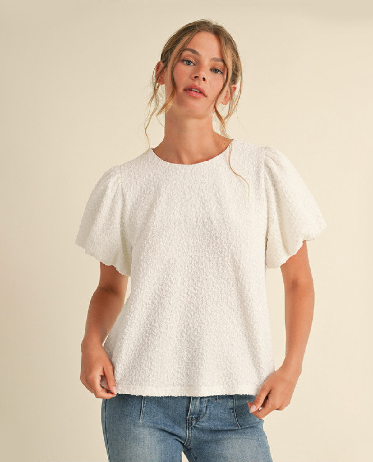 Solid Off-White Top with Puffed Sleeves