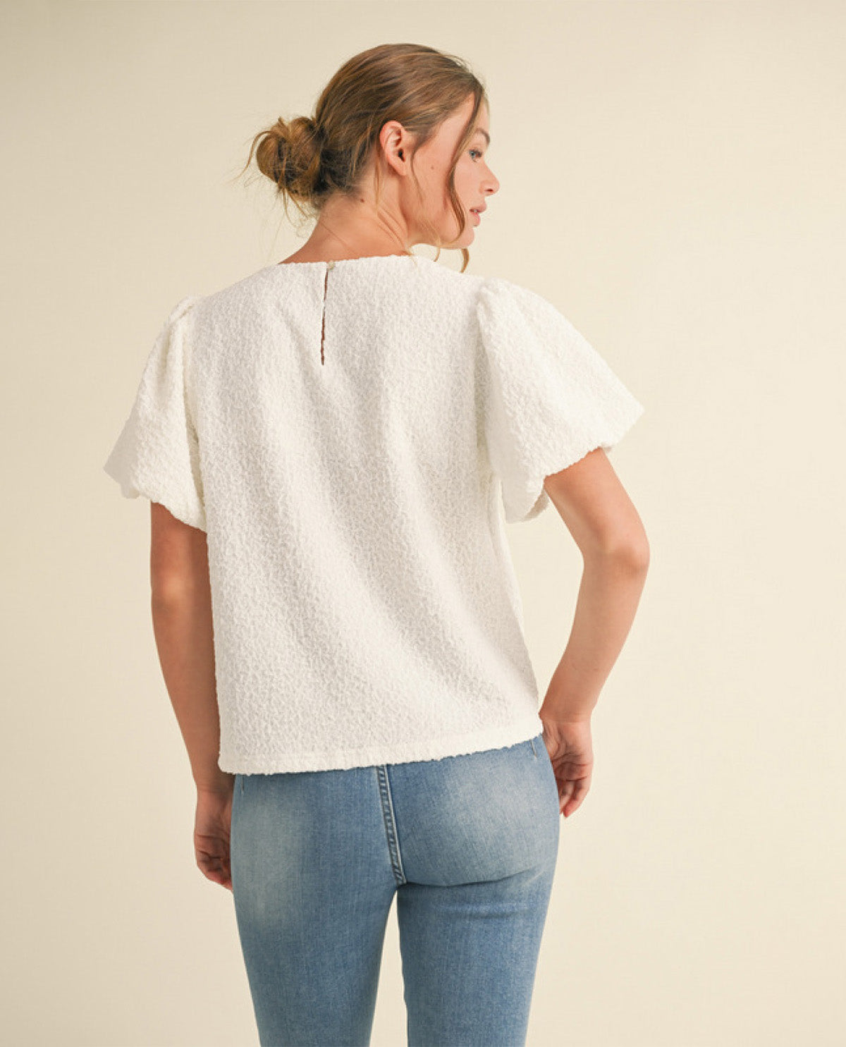 Solid Off-White Top with Puffed Sleeves