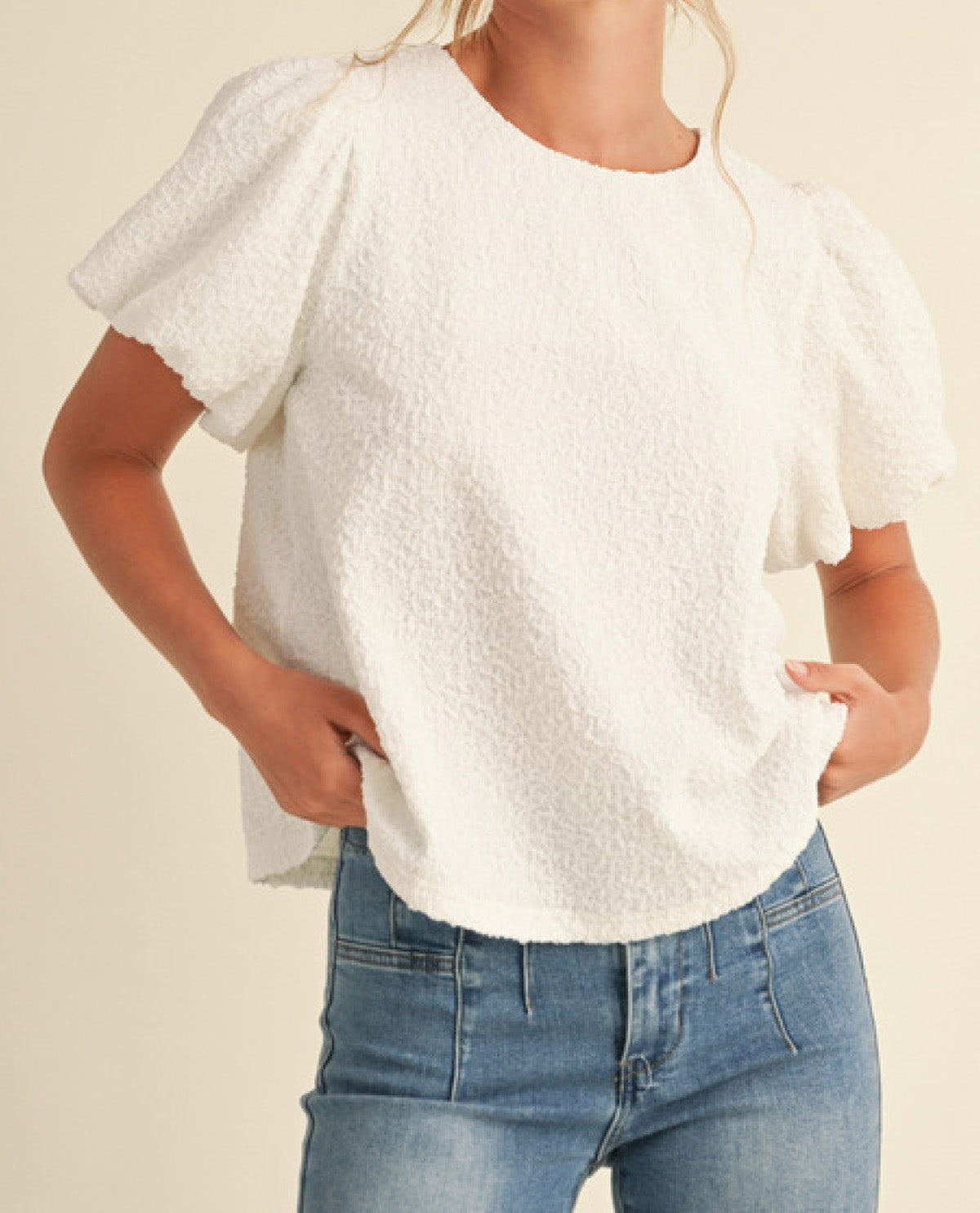 Solid Off-White Top with Puffed Sleeves