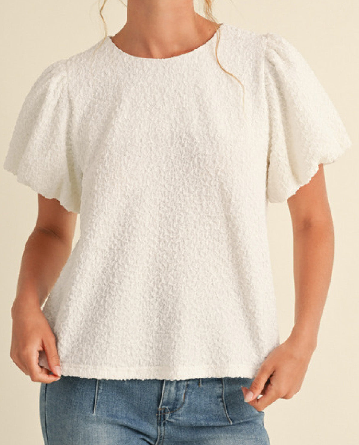 Solid Off-White Top with Puffed Sleeves