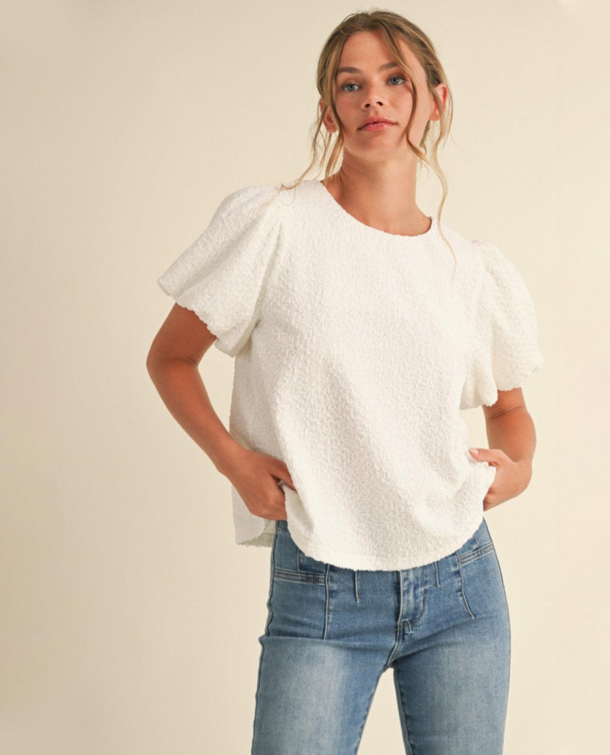 Solid Off-White Top with Puffed Sleeves