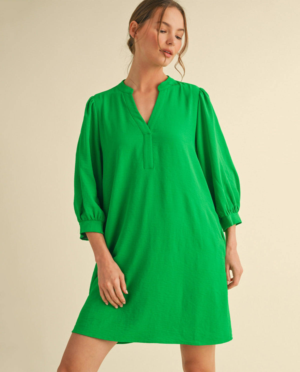 Solid Split U-Neck Kelly Green Mini Dress