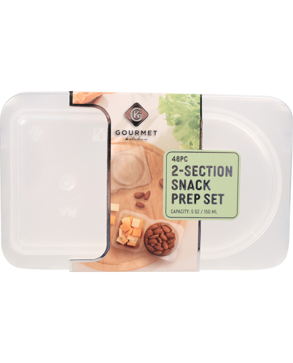 A Gourmet brand 2-section snack prep set in a clear plastic clamshell container with a printed label showing food photography and a green text box that reads '48PC 2-SECTION SNACK PREP SET'.