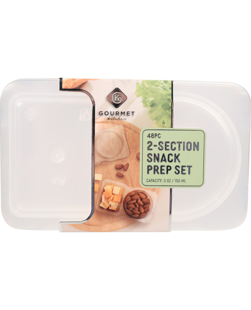 A Gourmet brand 2-section snack prep set in a clear plastic clamshell container with a printed label showing food photography and a green text box that reads '48PC 2-SECTION SNACK PREP SET'.