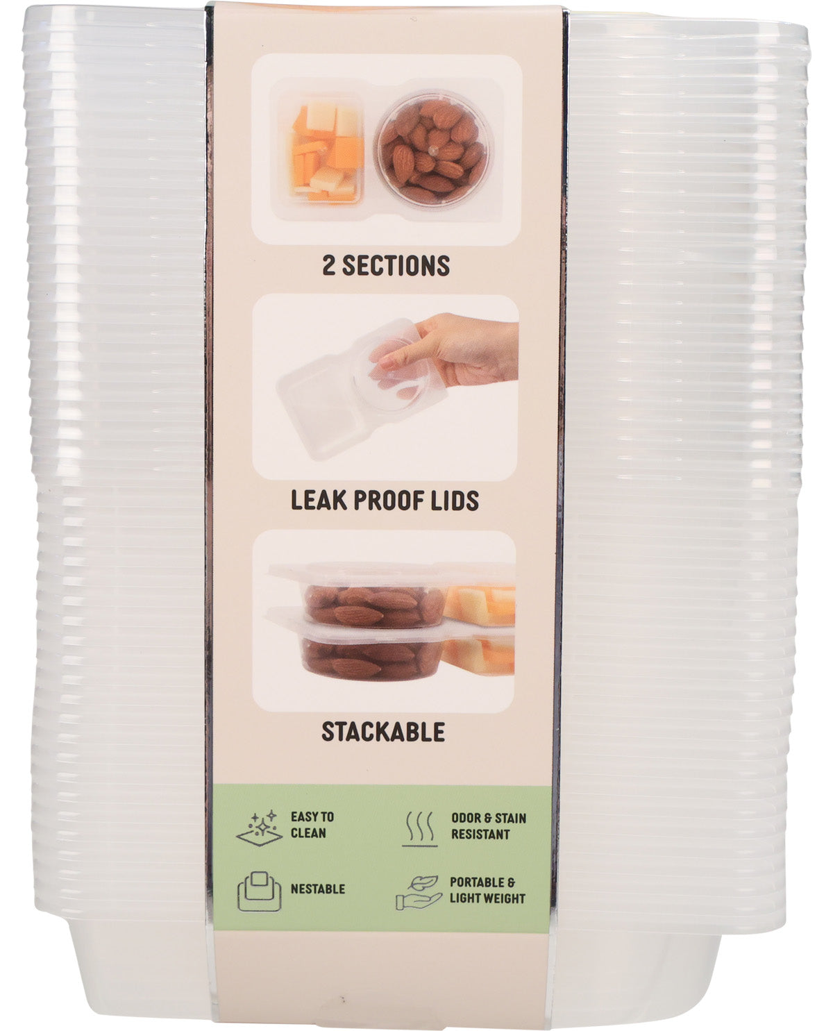 A pack of white plastic leak-proof storage container lids, shown stacked on both sides of a beige product label that features usage illustrations and feature callouts.