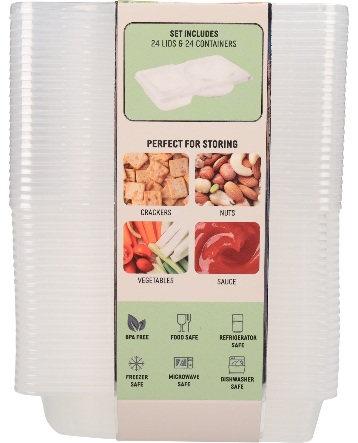 A set of 24 clear plastic food storage containers with ribbed sides, shown stacked together with a product information label wrapped around the front.