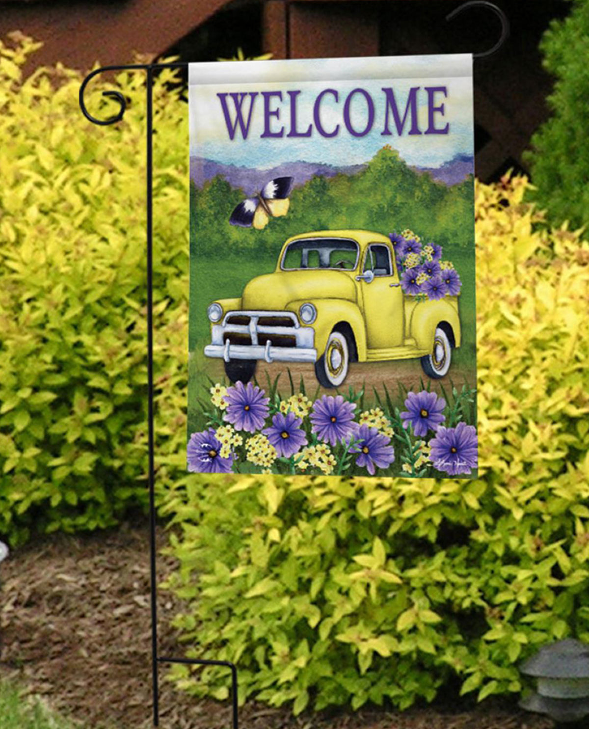 Yellow Pickup Truck Garden Flag