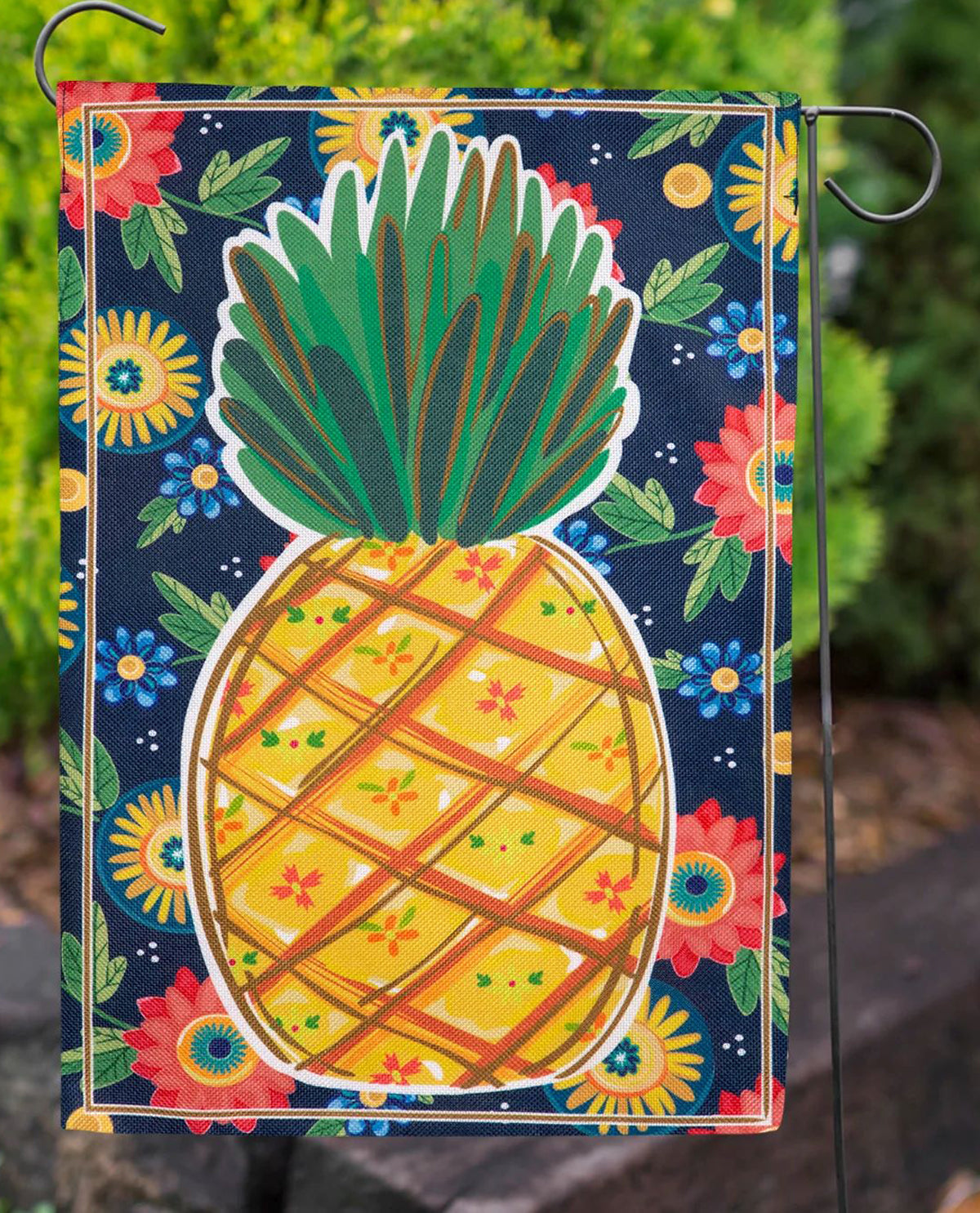 Pineapple & Florals Burlap Garden Flag