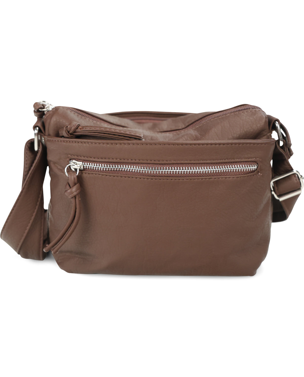A brown faux-leather crossbody bag with a front zippered pocket and a top zip closure, shown against a plain white background.