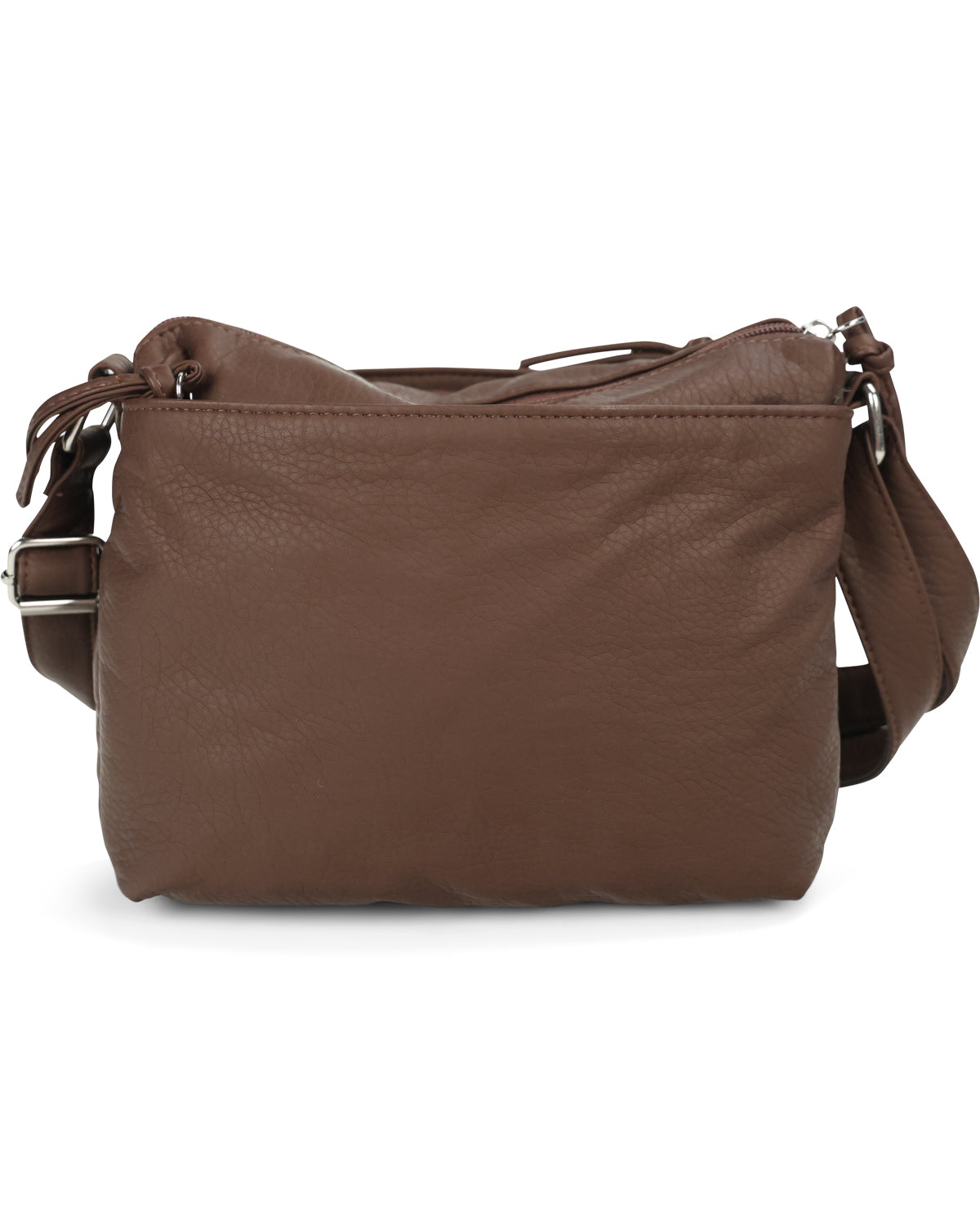 A brown pebbled leather crossbody bag with a matching adjustable shoulder strap and silver-tone hardware, shown against a plain white background.