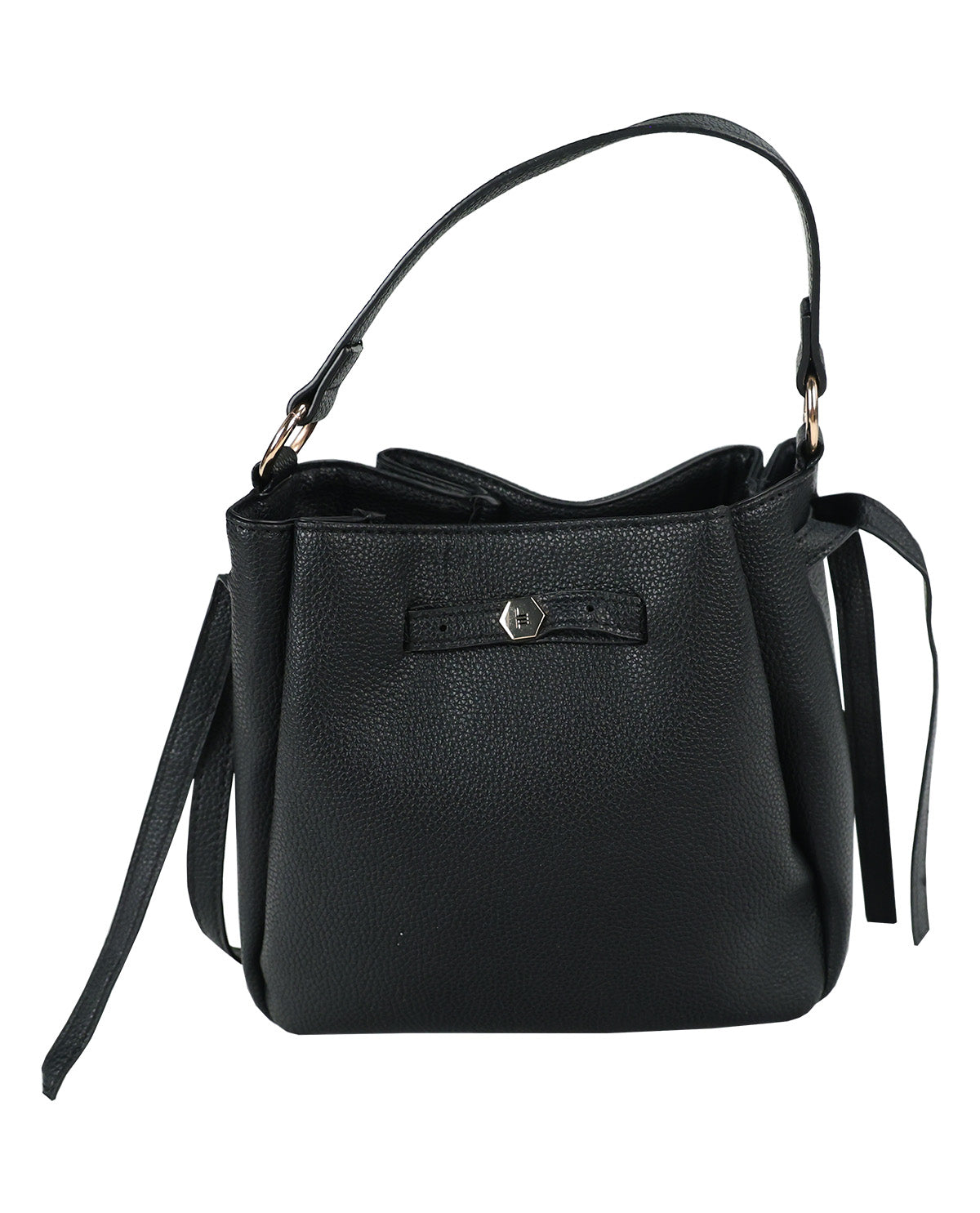 A black pebbled leather bucket bag with a single shoulder strap, a long side strap, and a small metallic logo plate on the front.