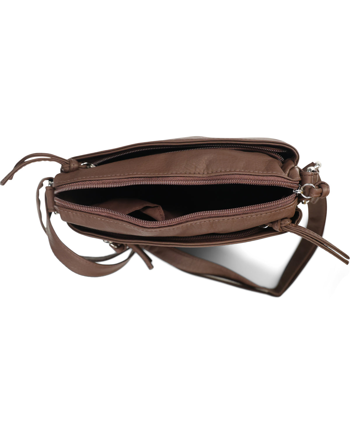 A brown faux-leather crossbody bag shown from an overhead angle, open to reveal its interior compartments and zipper details, set against a plain white background.