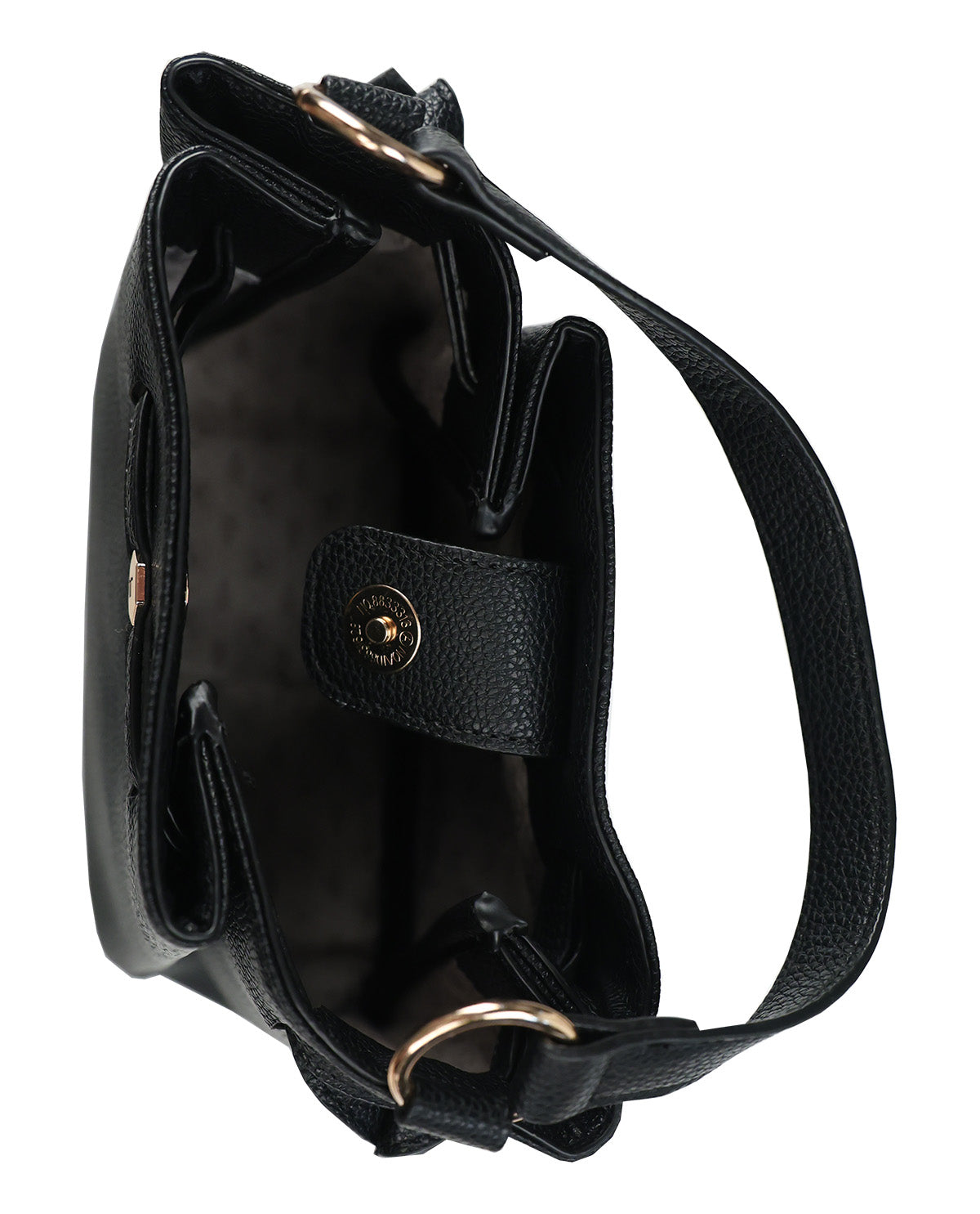 Black pebbled leather shoulder bag shown from an overhead angle, highlighting the interior lining, strap attachment, and gold-tone hardware against a white background.