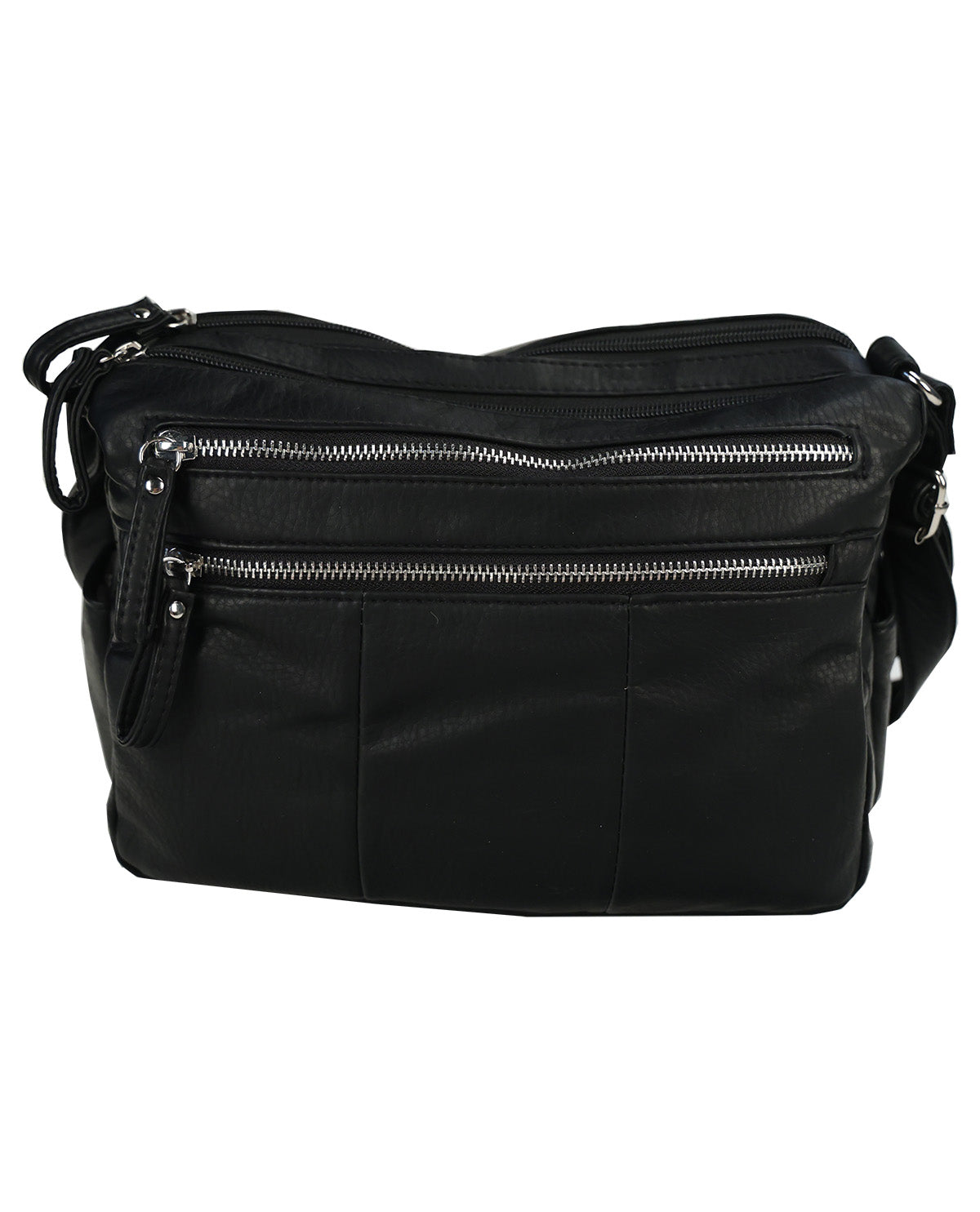 A black faux-leather crossbody bag with multiple zippered compartments and a silver zipper, shown against a plain white background.