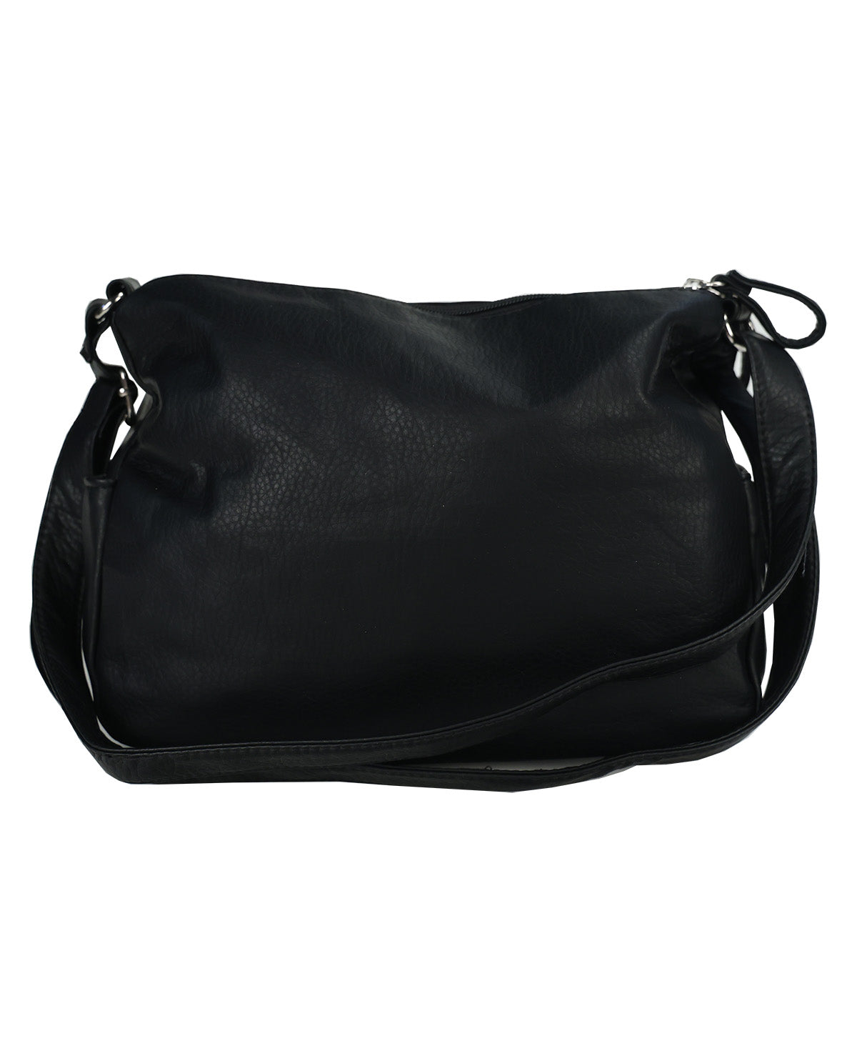 Black pebbled leather shoulder bag with a long strap, photographed against a plain white background.