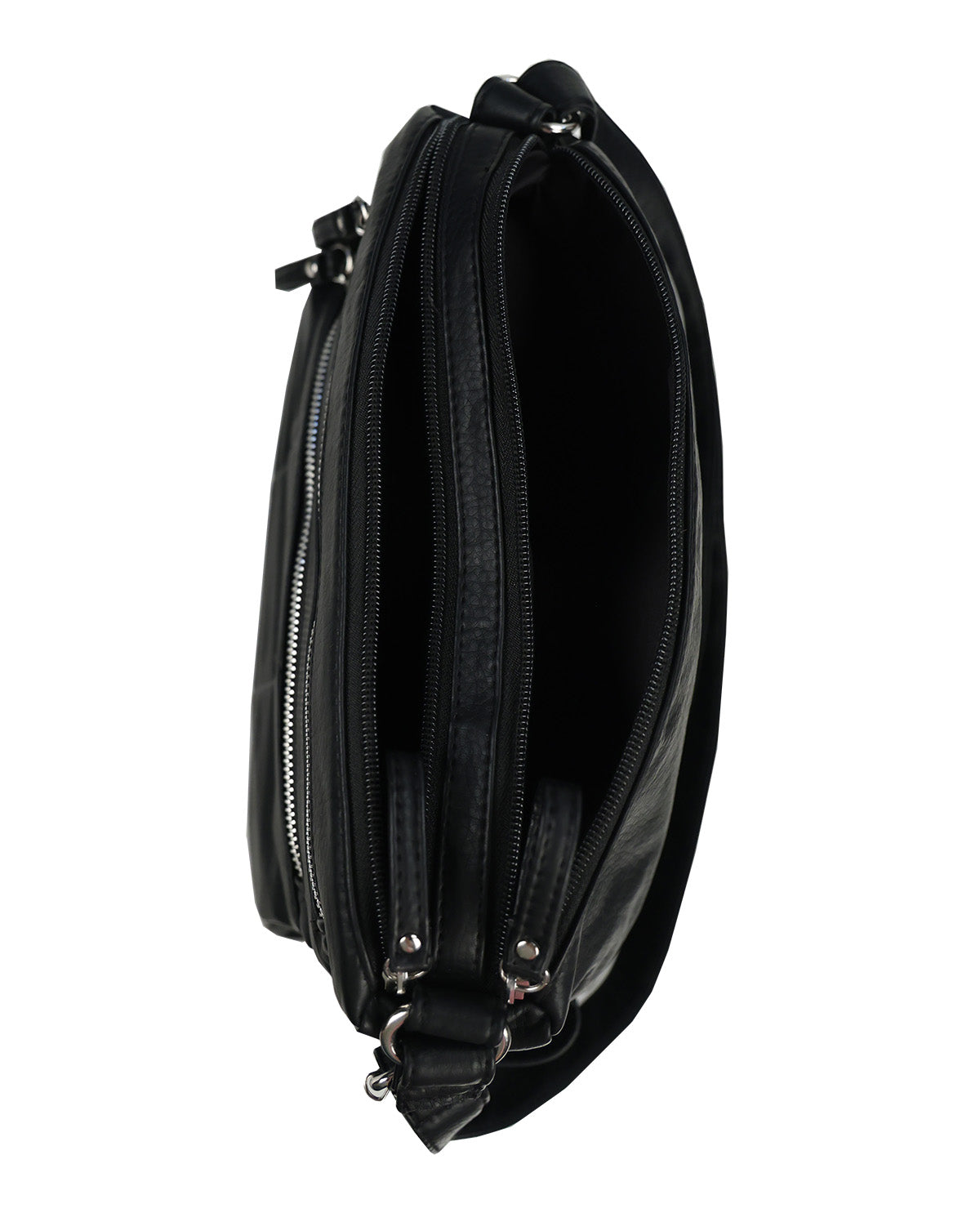 Black leather crossbody bag with multiple zippered compartments, shown open against a plain white background.