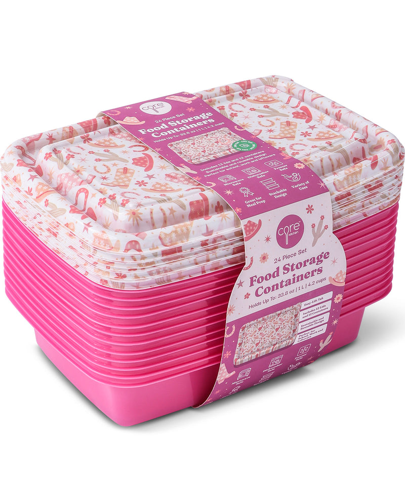 A set of 12 pink plastic food storage containers with a lid, wrapped in a purple paper band. The lids feature a white background with a pink and red gingerbread house pattern.