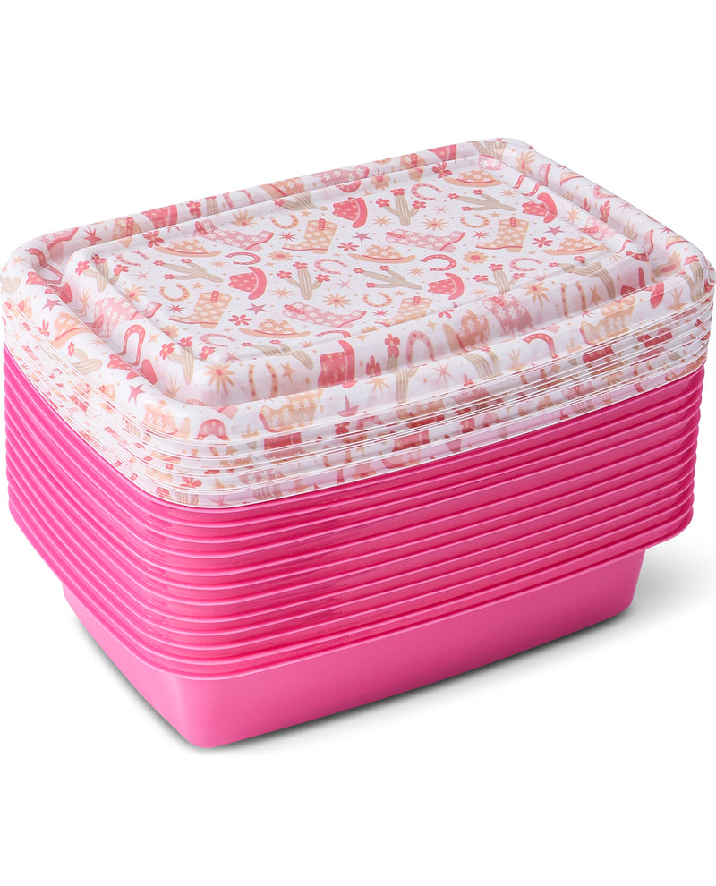 A stack of rectangular plastic storage containers with bright pink bases and patterned lids featuring pink flamingos, hearts, and floral motifs on a white background.