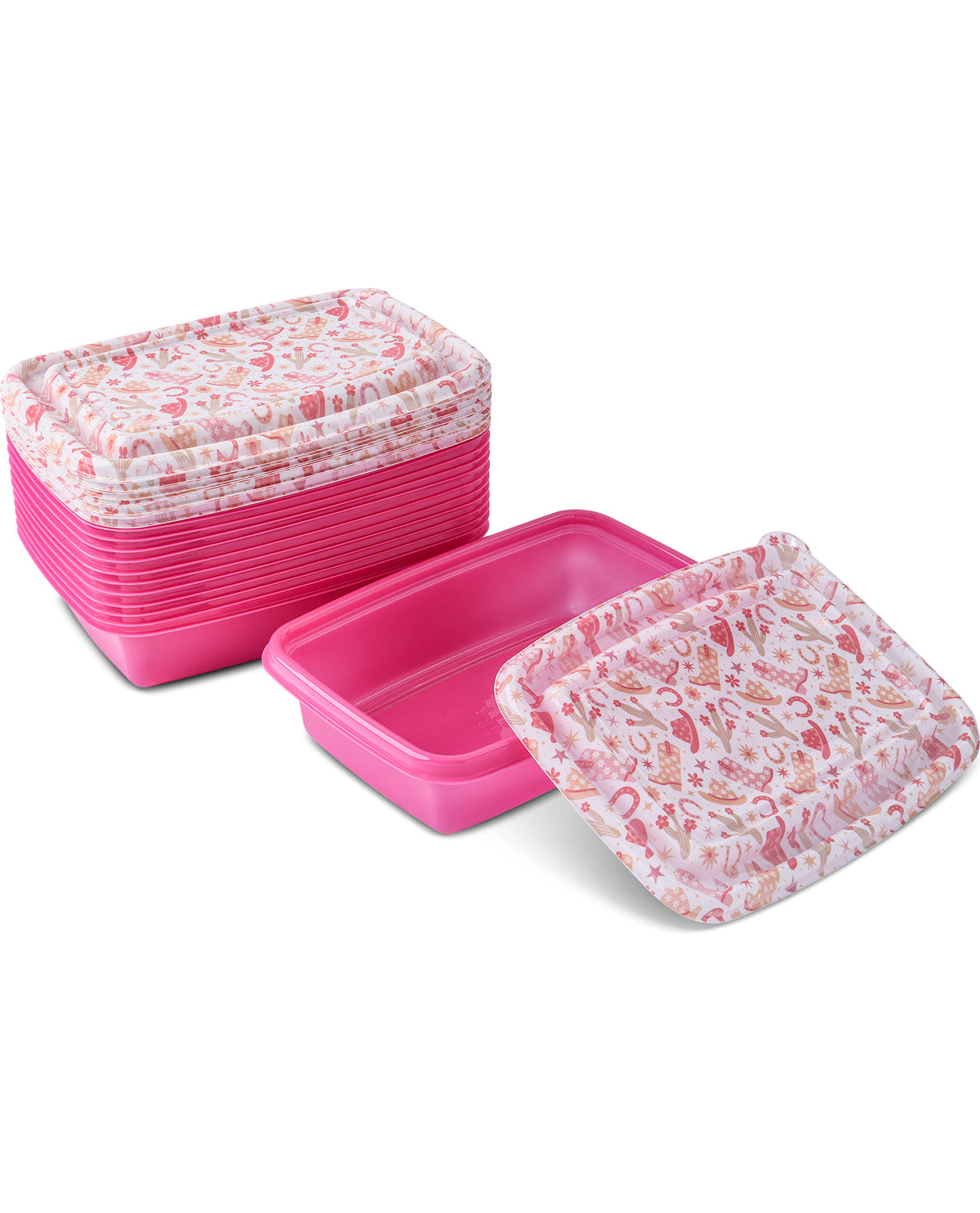 A set of pink plastic containers with patterned lids, including a stack of closed containers, one open container showing the pink interior, and a single lid resting beside it on a white background.
