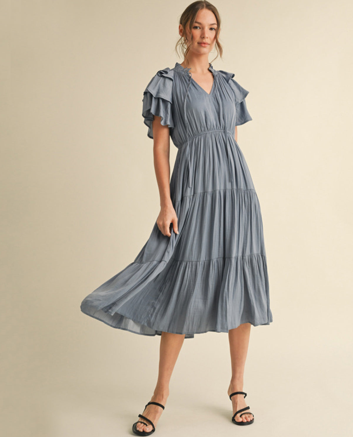 Solid Tiered Dress with Frilled Tie Neck