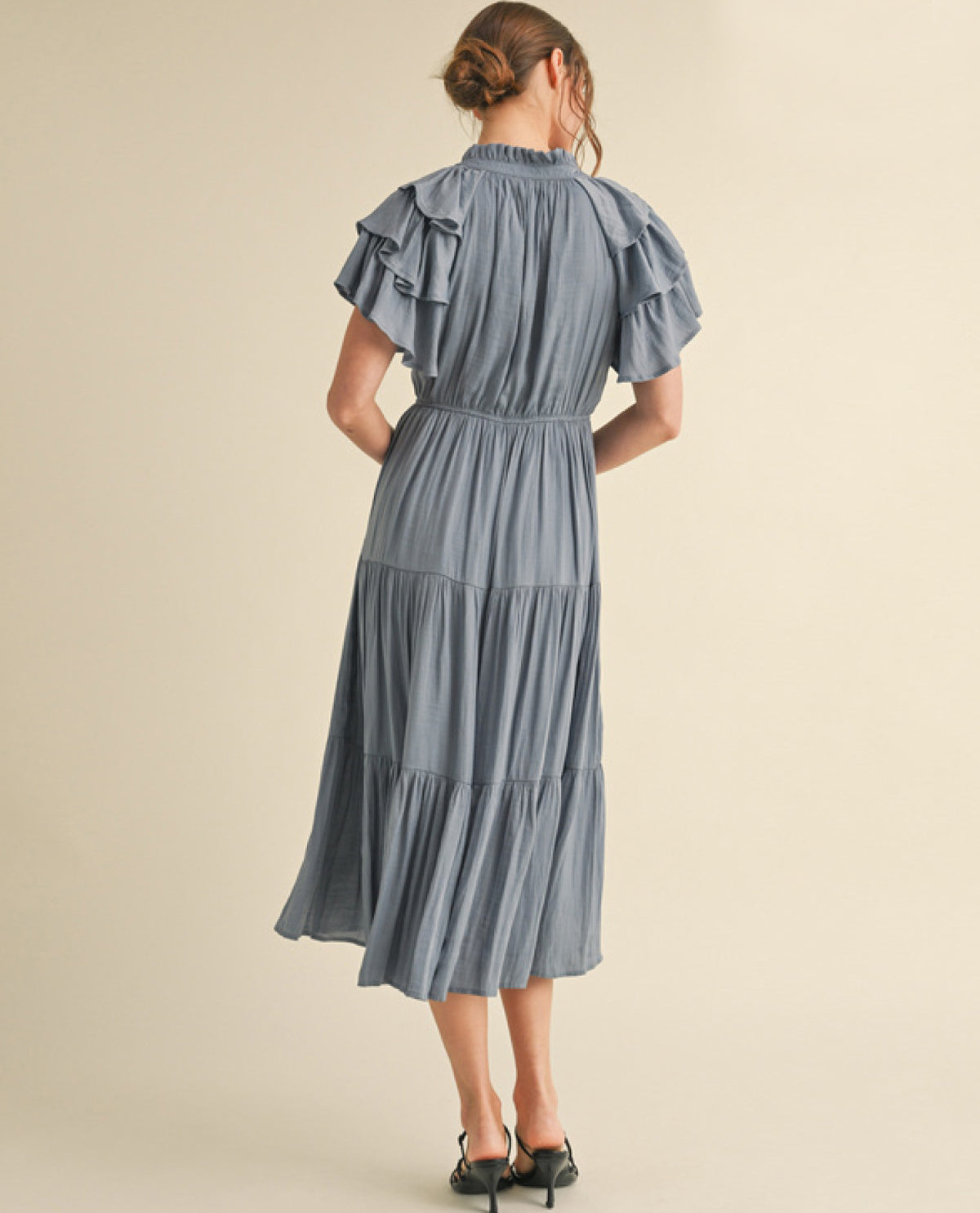 Solid Tiered Dress with Frilled Tie Neck