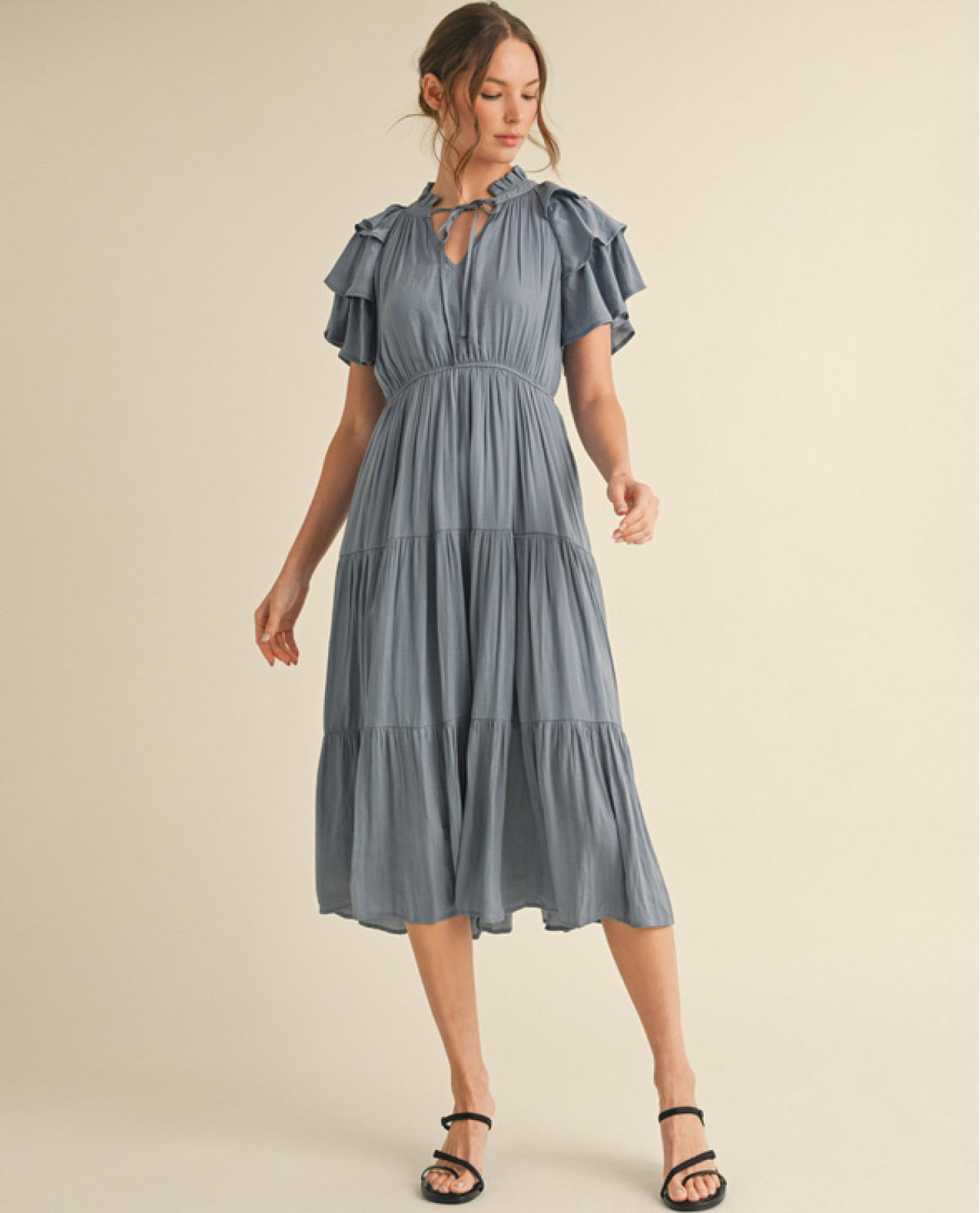 Solid Tiered Dress with Frilled Tie Neck