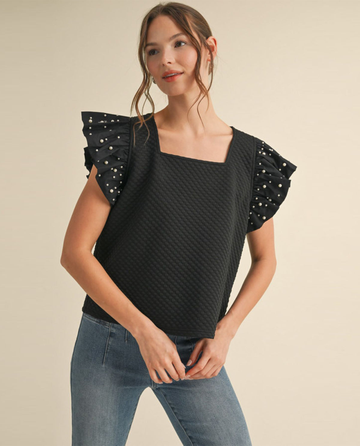 Square Neck Top with Pearl Embellished Sleeves