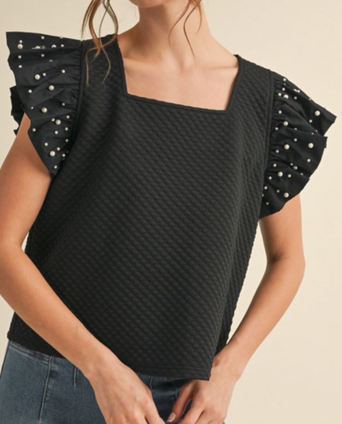 Square Neck Top with Pearl Embellished Sleeves