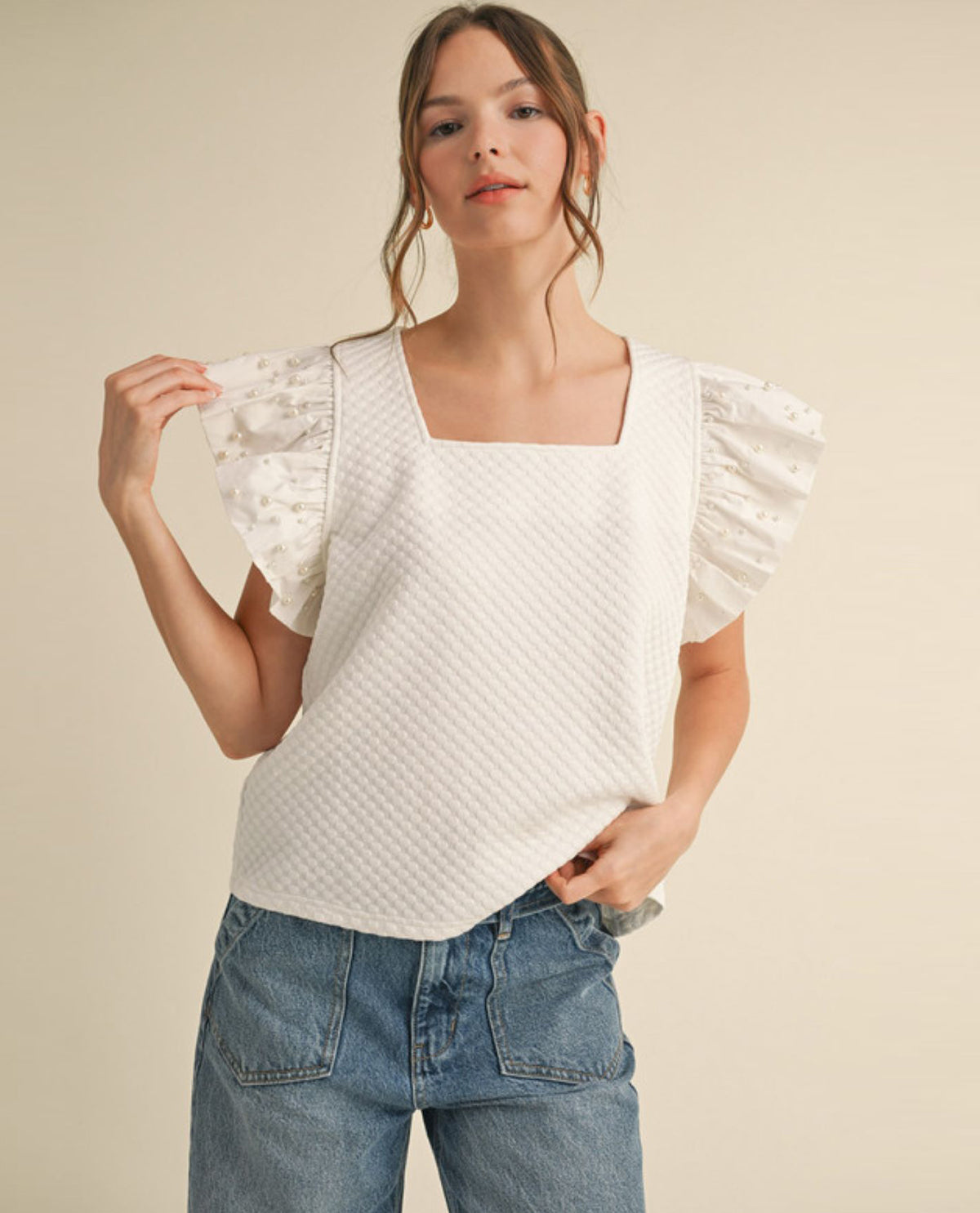 Square Neck Top with Pearl Embellished Sleeves