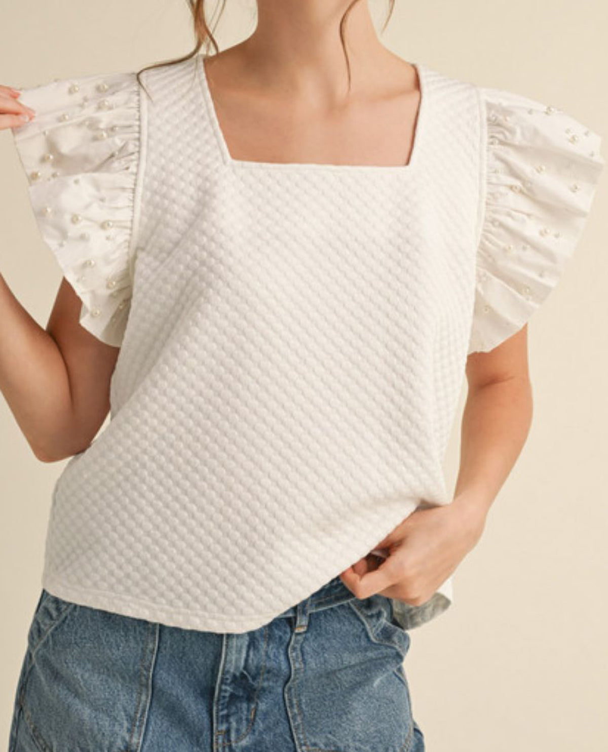 Square Neck Top with Pearl Embellished Sleeves