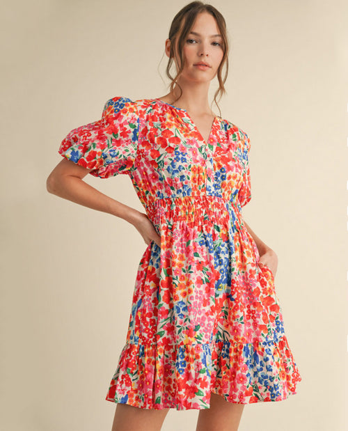 Multicolor Floral Print Mini Dress with Pockets