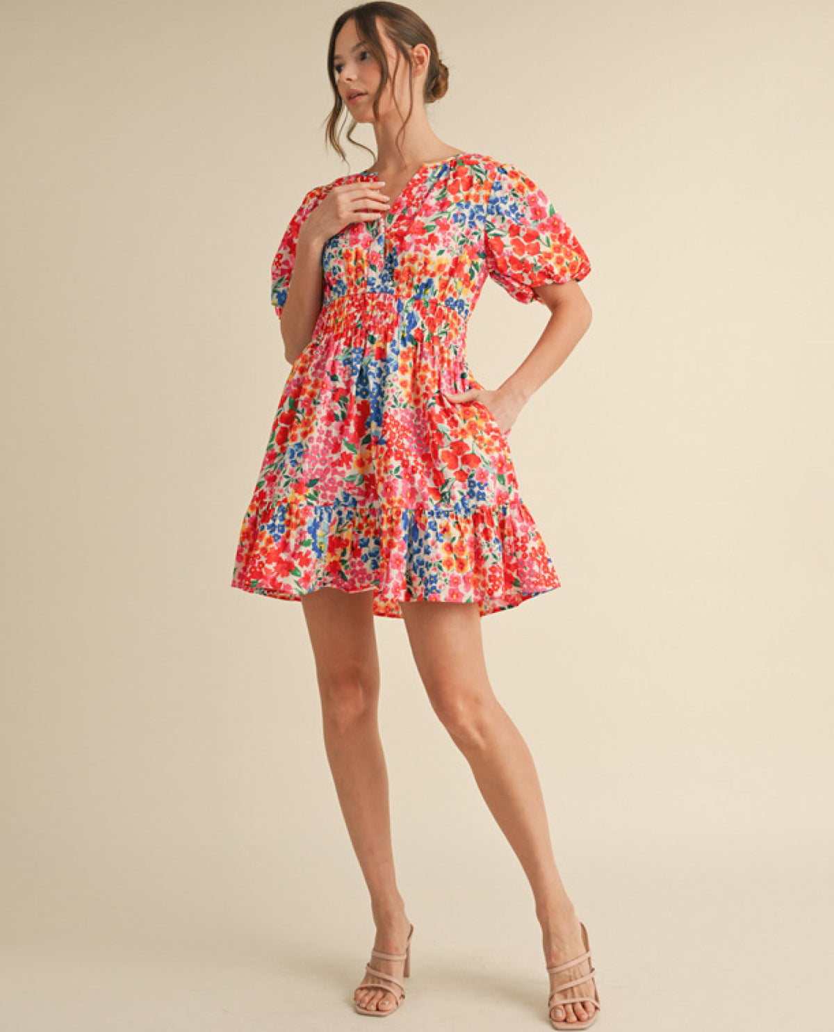 Multicolor Floral Print Mini Dress with Pockets