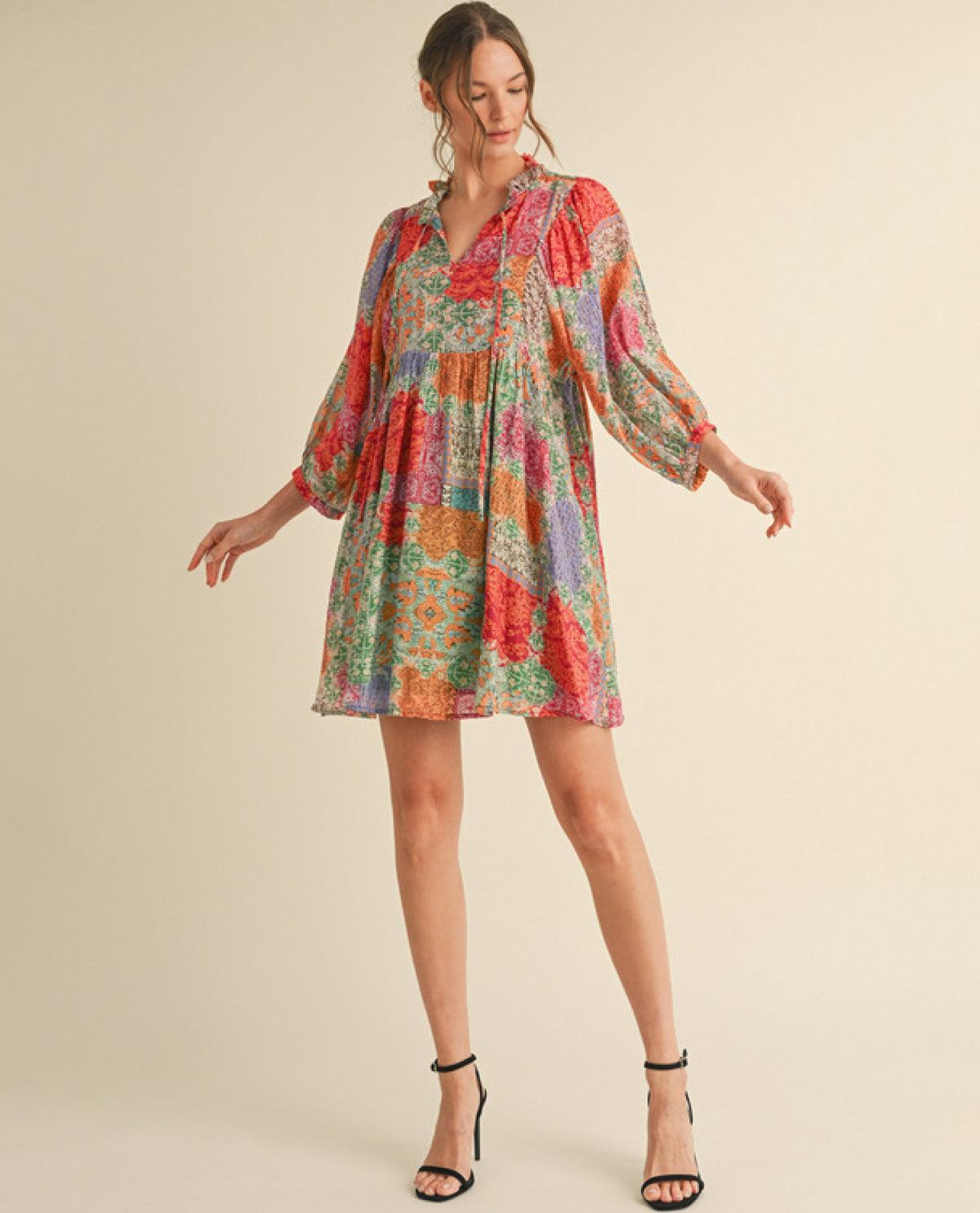 Multicolor Print Mini Dress with Frilled Tie Neck