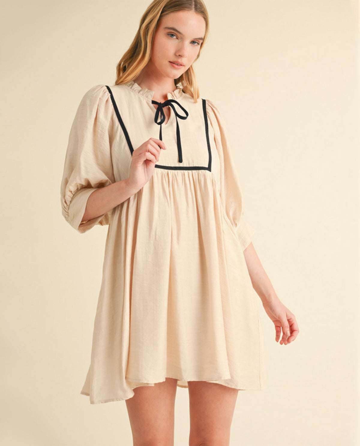 Solid Mini Dress with Ribbon Tie