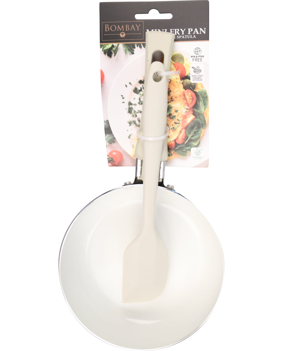 White frying pan with spatula on a white background, featuring Bombay Trading Co packaging.