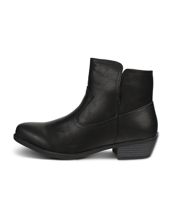 A single black leather ankle boot with a low block heel, shown from a side profile view against a plain white background.