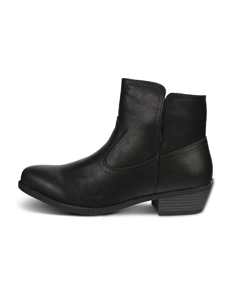 A single black leather ankle boot with a low block heel, shown from a side profile view against a plain white background.