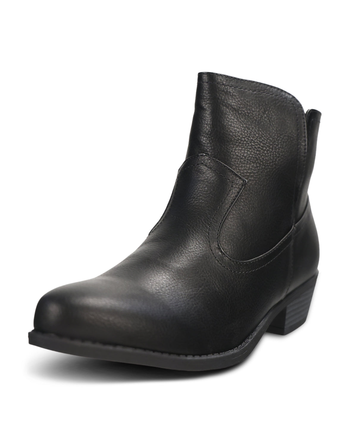 A single black leather ankle boot with a low block heel and rounded toe, photographed from a three-quarters angle on a white background.