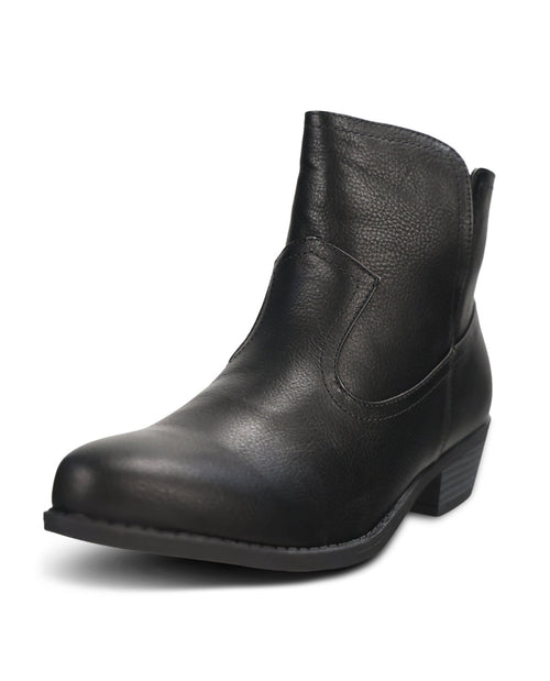 A single black leather ankle boot with a low block heel and rounded toe, photographed from a three-quarters angle on a white background.