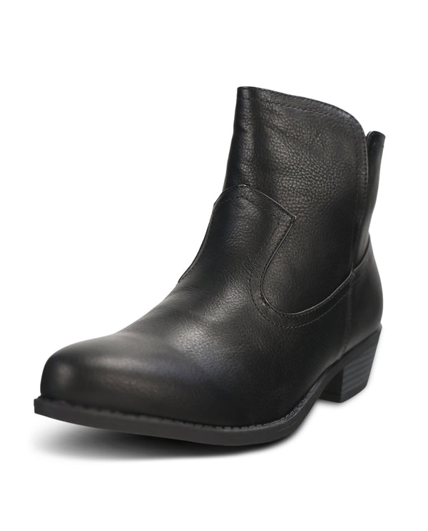 A single black leather ankle boot with a low block heel and rounded toe, photographed from a three-quarters angle on a white background.
