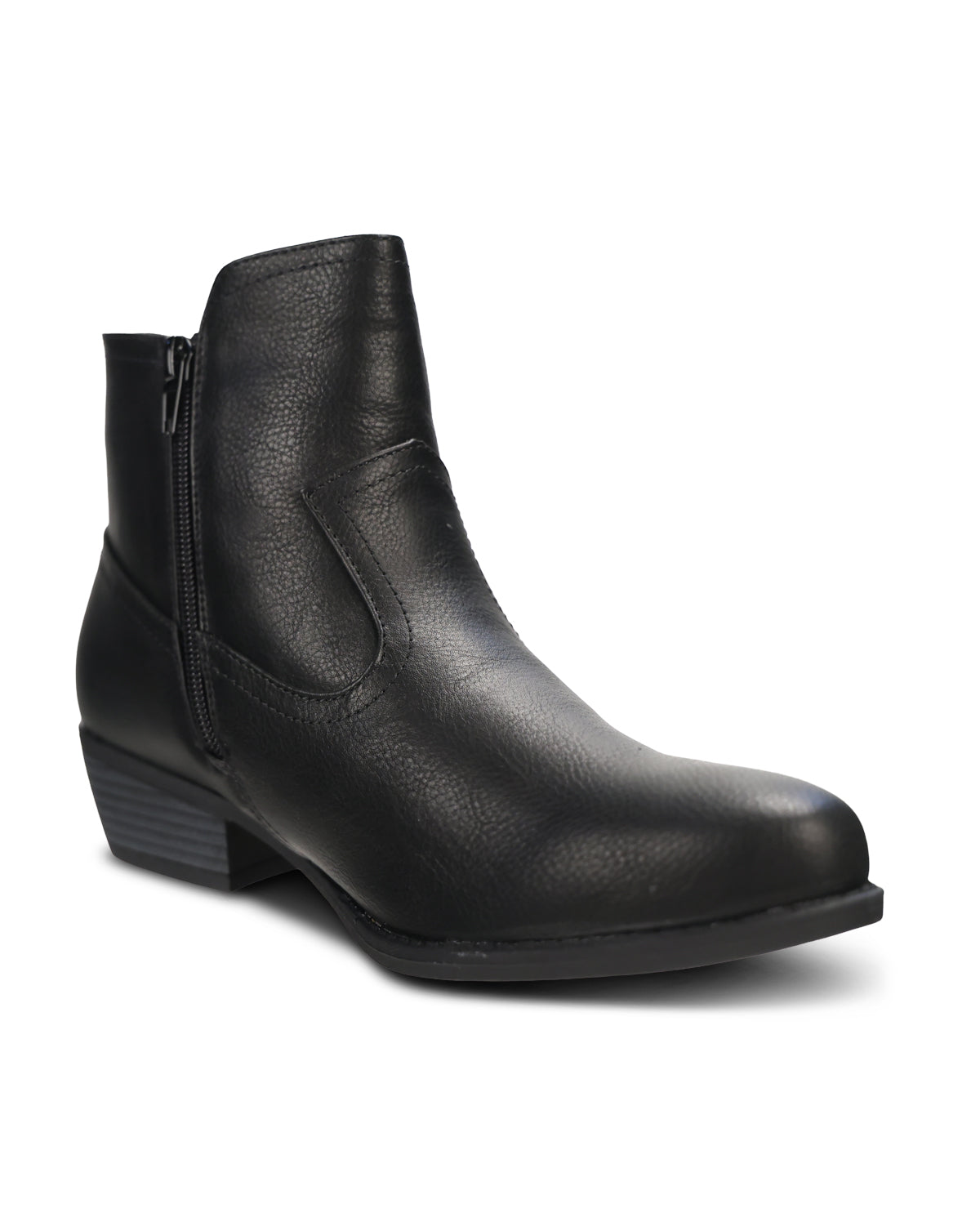 A black leather ankle boot with a side zipper, shown from a three-quarters angle on a white background.
