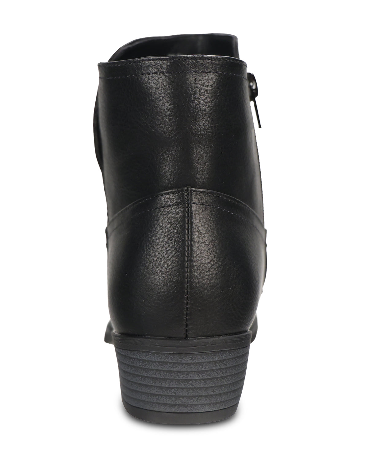 Black pebbled faux-leather ankle boot with a side zipper and stacked wedge heel, shown from a rear three-quarter view on a white background.