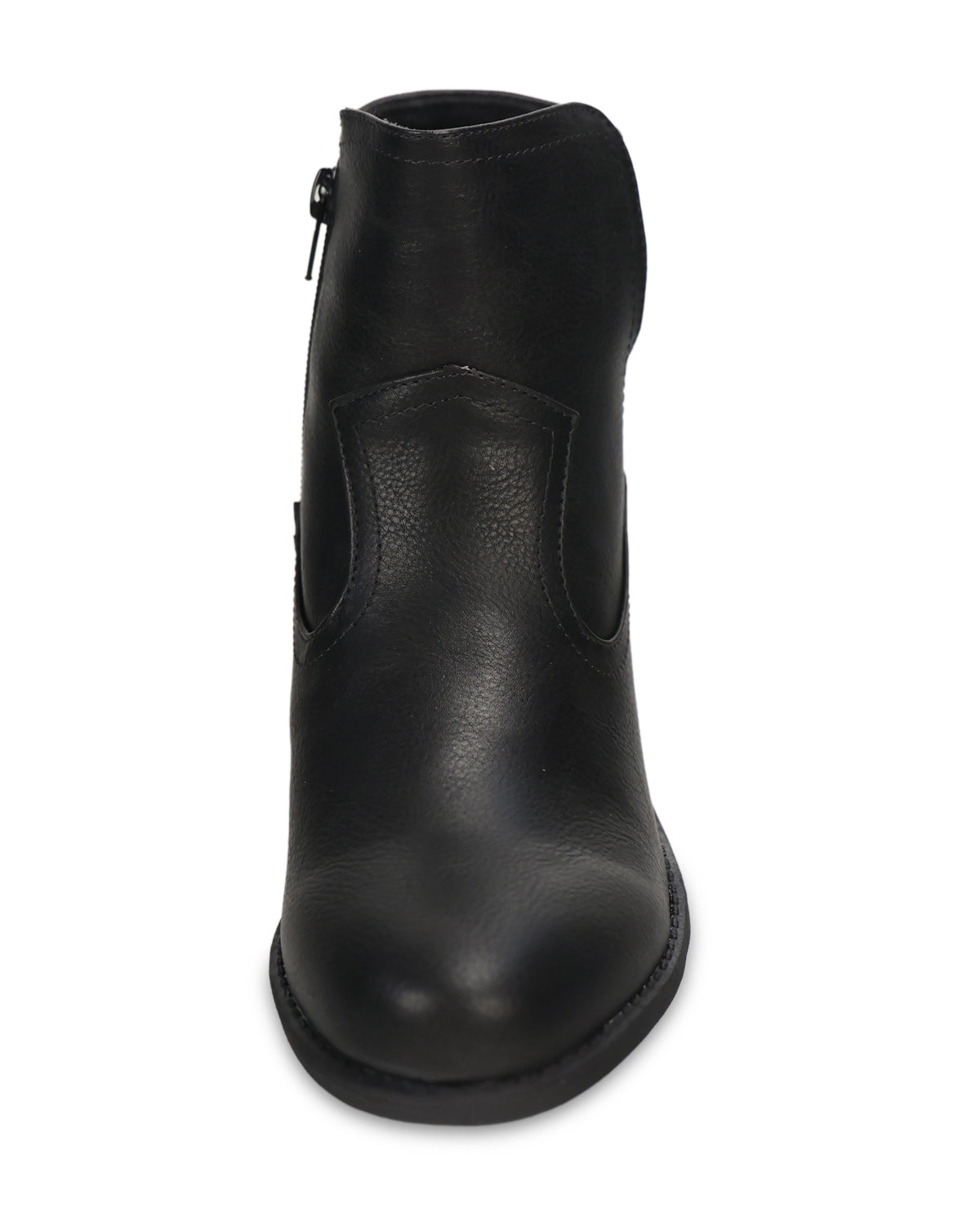 A black leather ankle boot with a side zipper, shown from a front-facing perspective on a white background.
