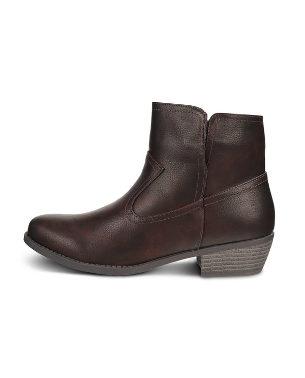 A dark brown leather ankle boot with a low stacked heel, shown from a side profile on a white background.