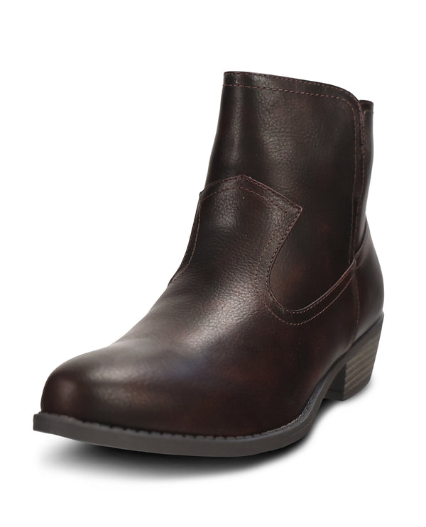 A dark brown leather ankle boot with a low stacked heel, shown from a side profile on a white background.