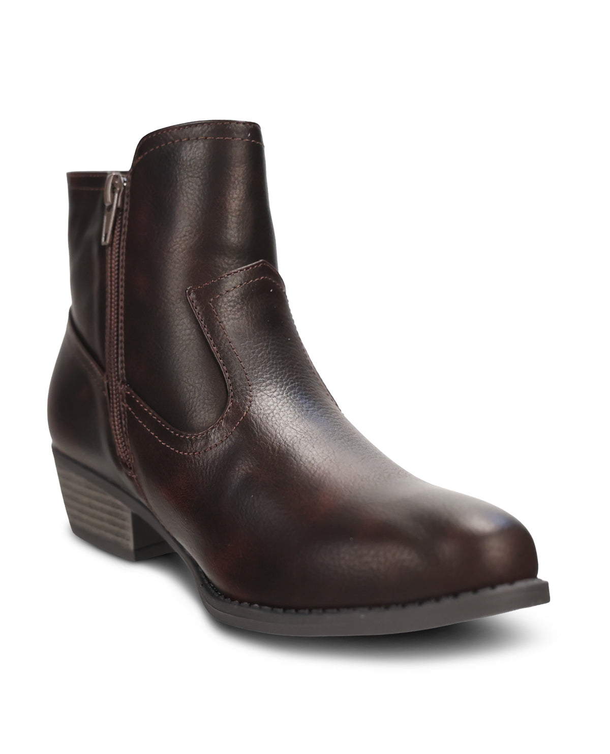 A dark brown leather ankle boot with a side zipper, shown from a three-quarters angle on a white background.