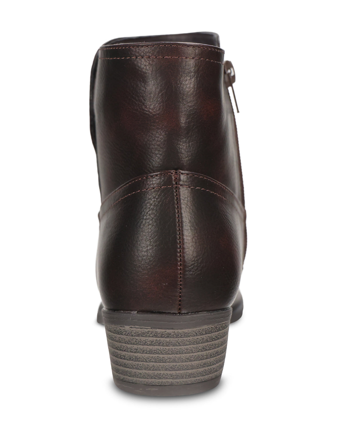 A dark brown leather ankle boot shown from a rear three-quarter view, featuring a side zipper and a stacked gray sole, set against a plain white background.