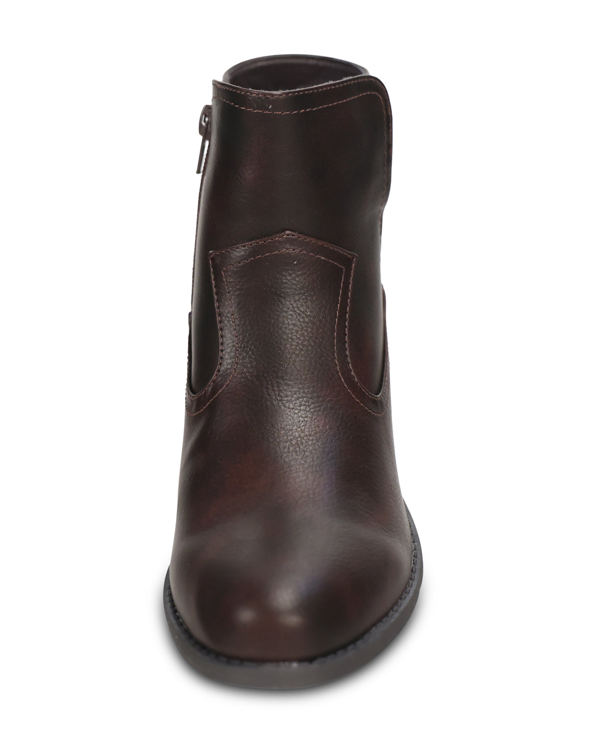A dark brown leather ankle boot with a side zipper and elastic side gore, shown from a front-facing perspective on a white background.